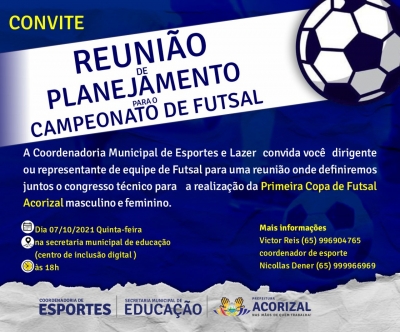 CONVITE | Coordenadoria Municipal de Esportes e Lazer dirigente ou representante de equipe de Futsal para uma reunião